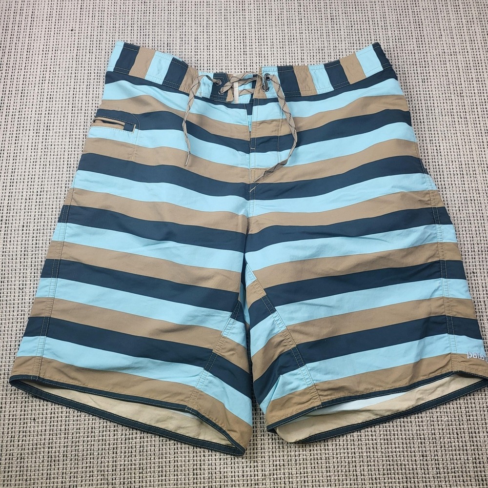 Patagonia‎ Board Shorts Mens 33 Blue Tan Striped Swim Trunks Surf Drawstring